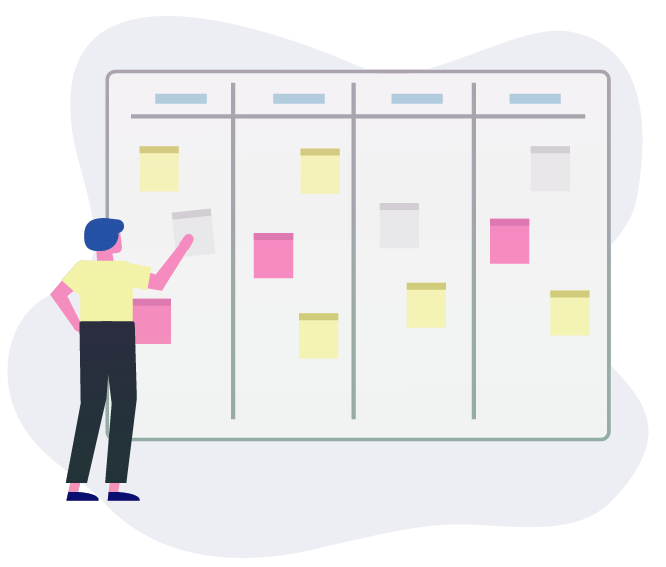 a decorative image showing a people moving tickets across a Kanban board